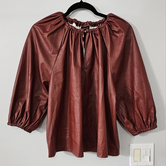 New Women's Faux Leather Balloon 3/4 Sleeve Blouse - Who What Wear  - Picture 3 of 7
